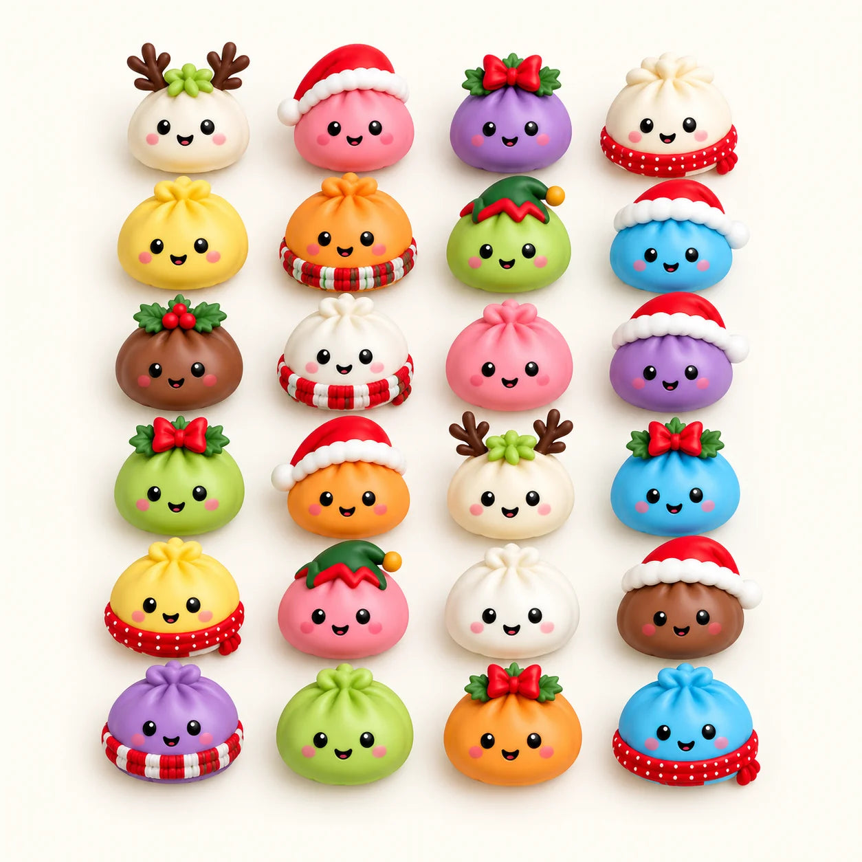 Azurty dumpling squishies laid out together as a colorful Christmas collection
