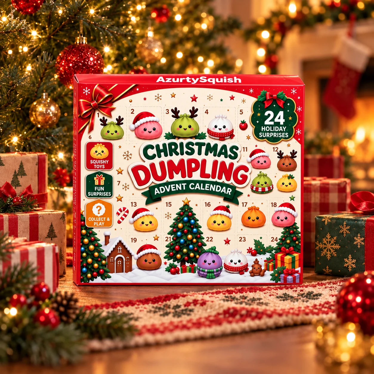 Azurty Dumpling Advent Calendar displayed as a Christmas gift beneath a decorated tree